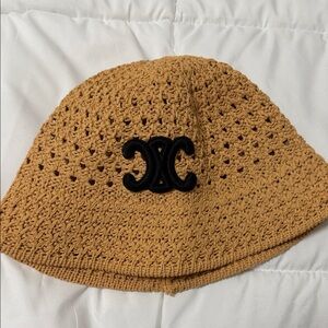 Tan Crochet Bucket Hat with Black Logo